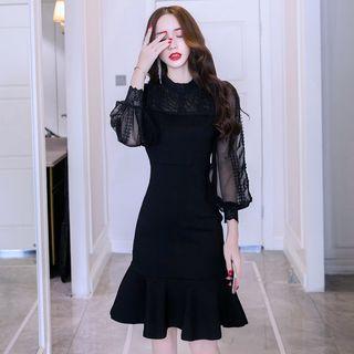 3/4-sleeve Mesh Panel Ruffle Hem Bodycon Dress