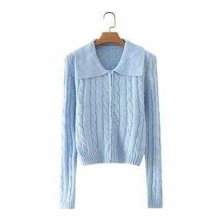 Collared Zip-up Cardigan Light Blue - One Size