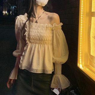 Puff-sleeve Ruffled Smocked Blouse