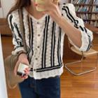 V-neck Contrast Trim Perforated Cardigan
