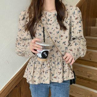 Flower Print Ruffle Hem Blouse Almond - One Size