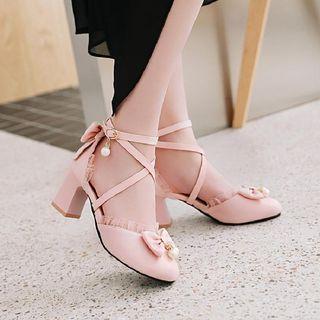 Chunky Heel Bow Accent Lace Trim Cross-strap Sandals