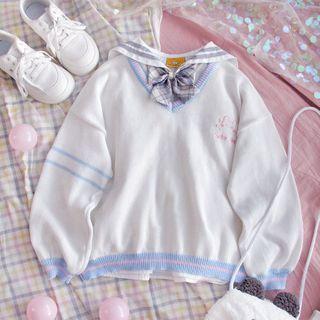 Contrast Trim V-neck Cartoon Embroidered Sweater White - One Size