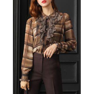 Metallic-ruffled Plaid Blouse Brown - One Size