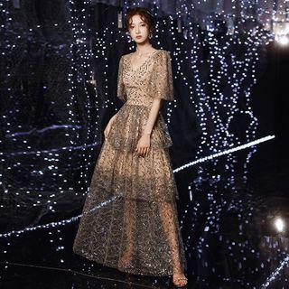 Bell Sleeve V-neck Layered Sequined Evening Gown