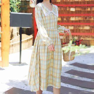 Long-sleeve Plaid Lace Trim A-line Midi Dress