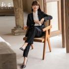 Double Breasted Plain Blazer / Straight Leg Dress Pants / Ruffle Trim Blouse / Set
