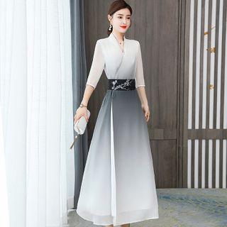 Elbow-sleeve Ombre Midi A-line Dress