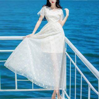 Floral Embroidered Short-sleeve Tie-waist V-neck Slim Mesh Sheath Dress
