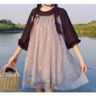Mock Two Piece Elbow-sleeve A-line Dress As Shown In Figure - One Size