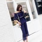 Set: Off-shoulder Elbow-sleeve Top + Cropped Pants