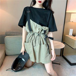 Set: Plain Elbow-sleeve T-shirt + Drawstring Jumper Dress