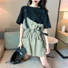 Set: Plain Elbow-sleeve T-shirt + Drawstring Jumper Dress