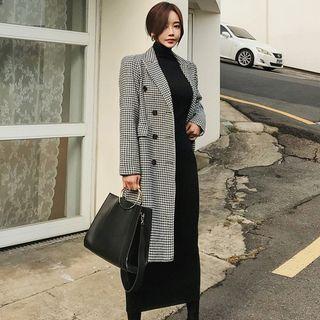 Houndstooth Double-breasted Long Coat/ Turtleneck Midi Knit Sheath Dress