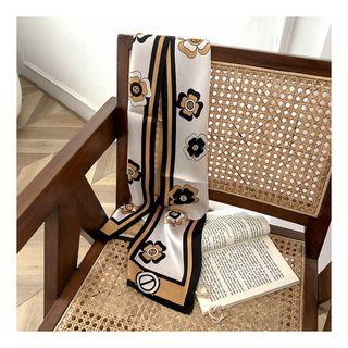 Floral Print Narrow Silk Scarf Black - 150x15cm - J405