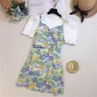 Set: Puff-sleeve Blouse + Floral Spaghetti Strap Mini A-line Dress