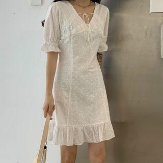 Short-sleeve Eyelet Lace A-line Mini Dress White - One Size