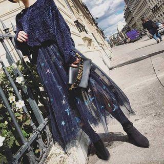 Set: Plain Sweater + Star Print Maxi A-line Mesh Skirt