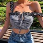 Ruffle Trim Wide Strap Gingham Cropped Top