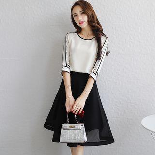 Set : Panel Elbow-sleeve Top + Midi Skirt