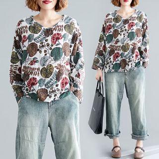 Print Round-neck Long-sleeve T Shirt Lotus Leaf - L