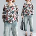 Print Round-neck Long-sleeve T Shirt Lotus Leaf - L