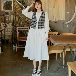 Long-sleeve A-line Midi Dress / Plaid Open-front Vest