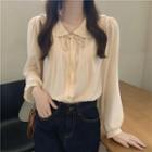 Long-sleeve Collared Bow Blouse