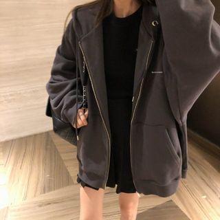 Plain Loose-fit Zip Hoodie Charcoal Gray - One Size