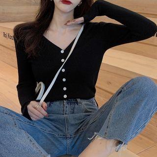 Plain Ribbed V-neck Knit Cardigan