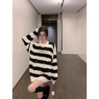 Striped Distressed Sweater White - One Size
