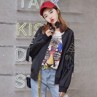 Studded Fringed Trim Bomber Jacket
