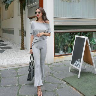 Set: Asymmetric Off-shoulder Top + Boot-cut Pants