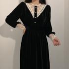 Long Sleeve Lace Trim Panel Dress Black - One Size