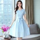 Short-sleeve Buttoned Ribbon A-line Dress