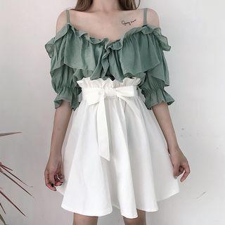 Set: Short-sleeve Ruffle Off-shoulder Top + A-line Skirt