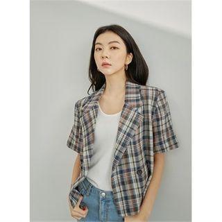 Short-sleeve Plaid Linen Blazer Navy Blue - One Size