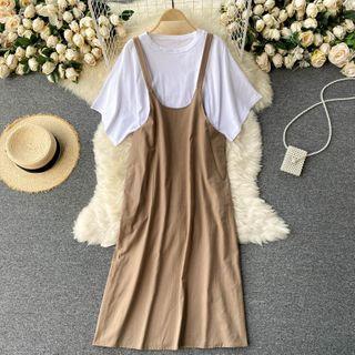 Set: Short-sleeve Plain T-shirt + Midi Overall Dress