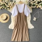 Set: Short-sleeve Plain T-shirt + Midi Overall Dress