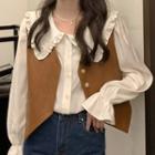 Ruffle Blouse / Single-breasted Faux Leather Vest