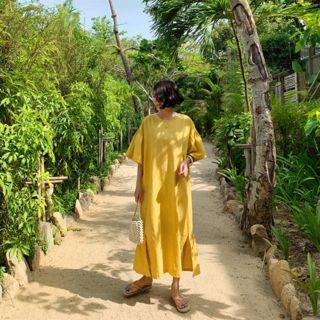 Bell-sleeve Slit-side Long Dress