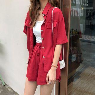 Set: Elbow-sleeve Chiffon Shirt + Wide Leg Shorts