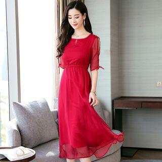 Cutout Midi Elbow-sleeve Dress