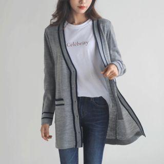 Contrast-piping Long Cardigan