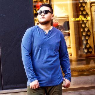 Long-sleeve Notch Neck Plain T-shirt