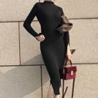 Knit Long-sleeve Side-split Midi Sheath Dress