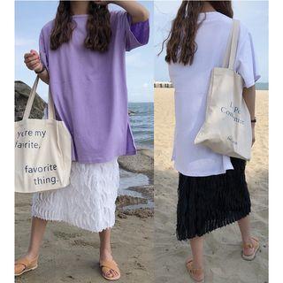 Set: Crew-neck Elbow-sleeve T-shirt + High Waist Midi Skirt