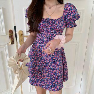 Off-shoulder Flower Print Mini A-line Dress Dress - Flower - Purple - One Size
