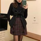 Long-sleeve Bow Top / Plaid Mini Pencil Skirt