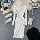 Faux-pearl Keyhole Long-sleeve Knit Dress